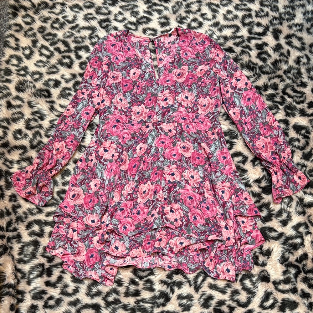 Lush Pink and Blue Long Sleeve Floral Mini Dress